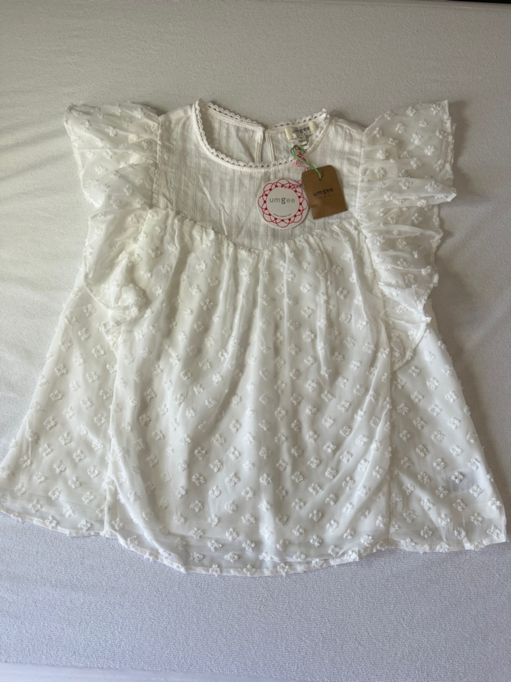 Umgee Swiss Dot Flutter Sleeve White Lined Women Sz Small Ruffled Top Fairy NEW